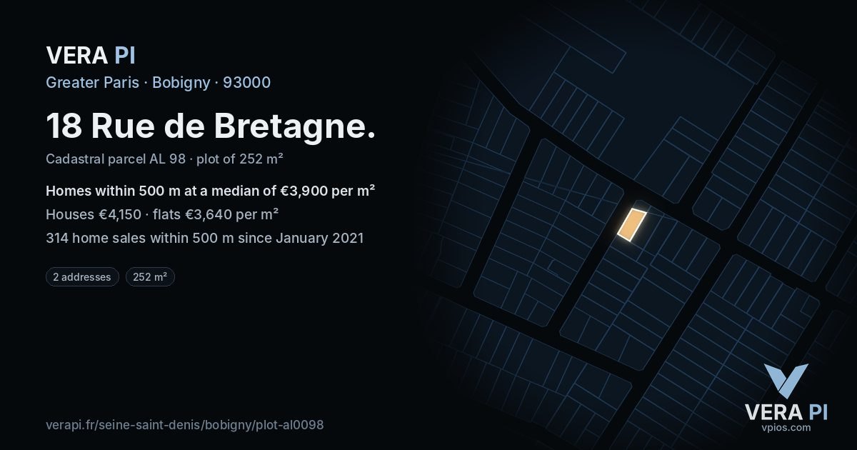 18 Rue de Bretagne, Bobigny at night – the plot lit, the parcels around coloured by the prices near them