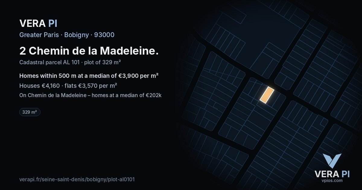 2 Chemin de la Madeleine, Bobigny at night – the plot lit, the parcels around coloured by the prices near them