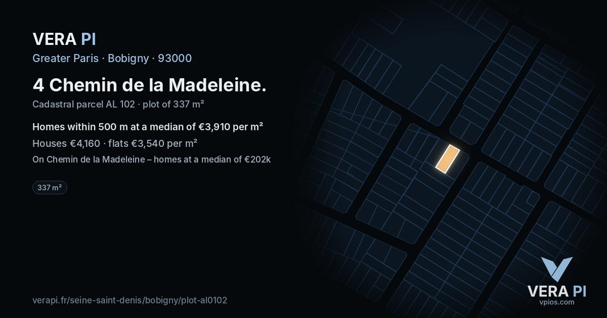 4 Chemin de la Madeleine, Bobigny at night – the plot lit, the parcels around coloured by the prices near them