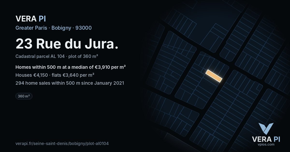 23 Rue du Jura, Bobigny at night – the plot lit, the parcels around coloured by the prices near them