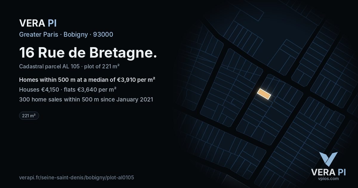 16 Rue de Bretagne, Bobigny at night – the plot lit, the parcels around coloured by the prices near them