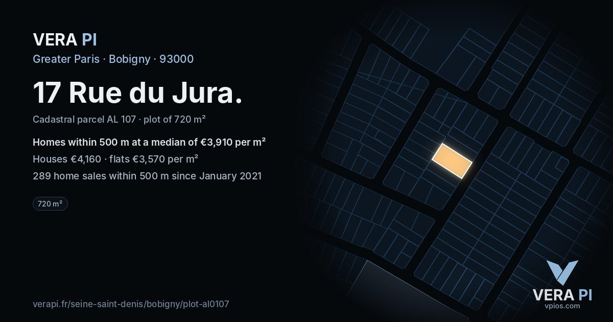 17 Rue du Jura, Bobigny at night – the plot lit, the parcels around coloured by the prices near them
