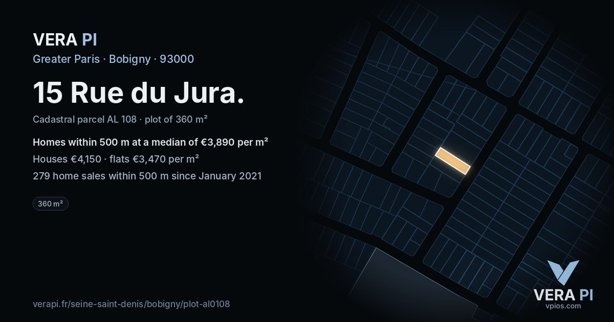 15 Rue du Jura, Bobigny at night – the plot lit, the parcels around coloured by the prices near them