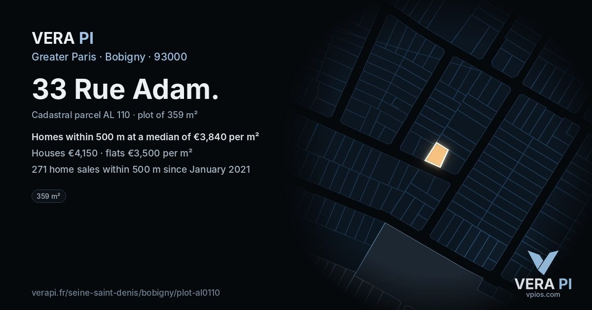 33 Rue Adam, Bobigny at night – the plot lit, the parcels around coloured by the prices near them