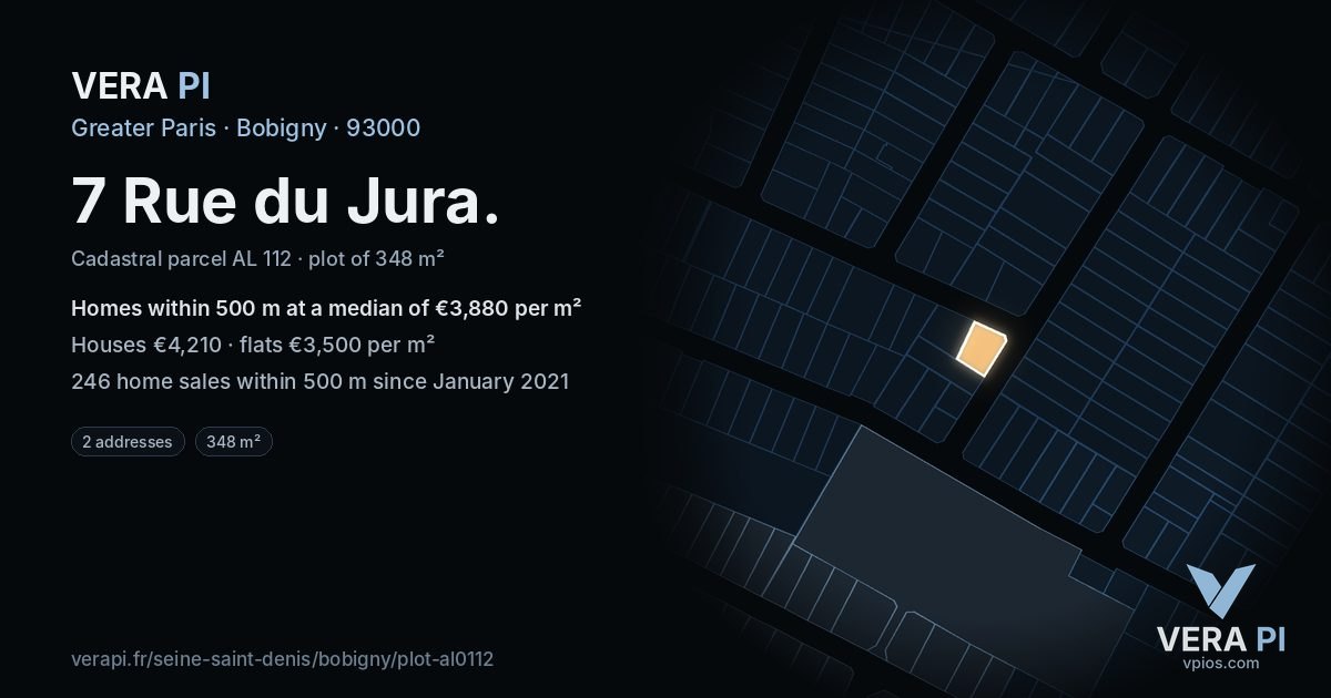 7 Rue du Jura, Bobigny at night – the plot lit, the parcels around coloured by the prices near them
