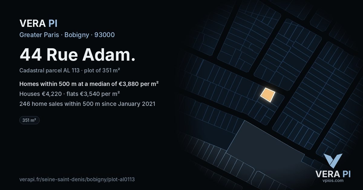 44 Rue Adam, Bobigny at night – the plot lit, the parcels around coloured by the prices near them