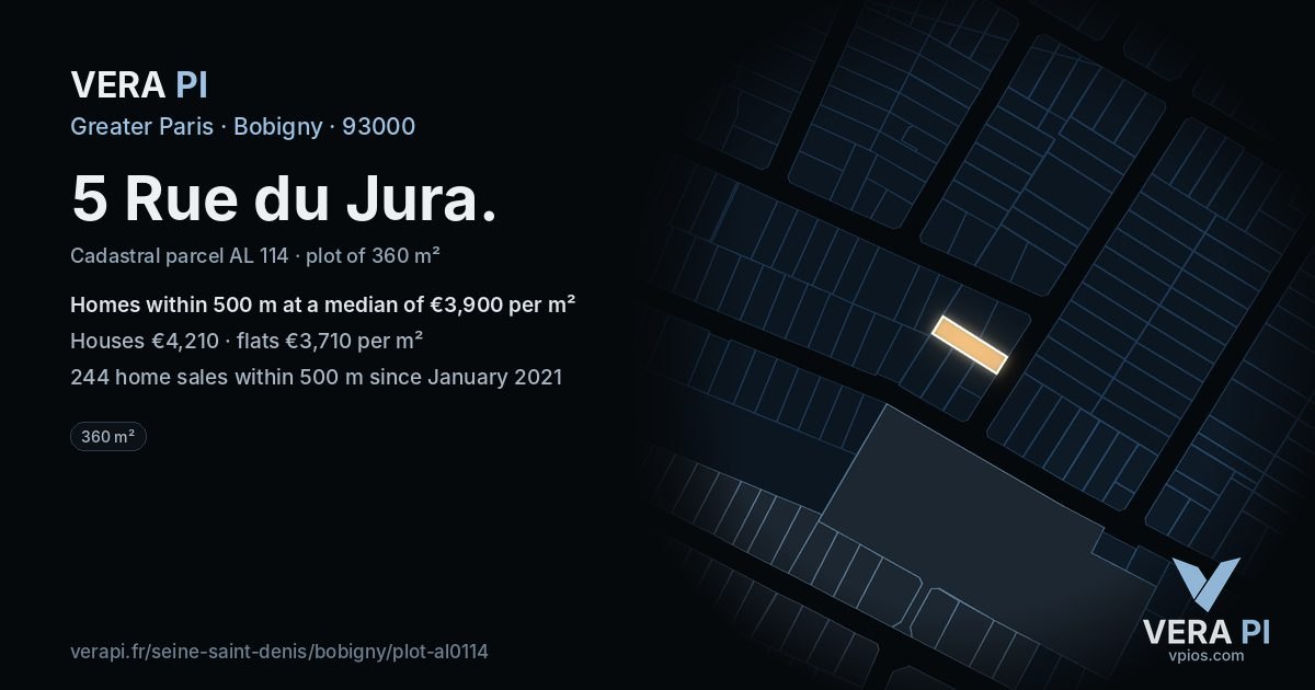5 Rue du Jura, Bobigny at night – the plot lit, the parcels around coloured by the prices near them