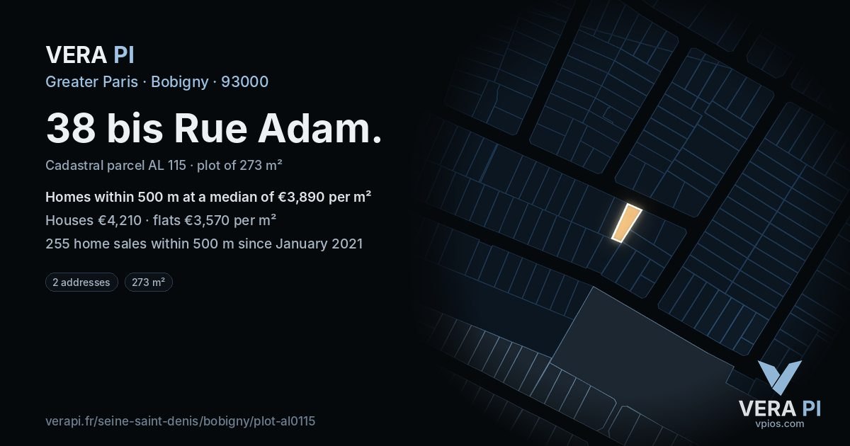 38 bis Rue Adam, Bobigny at night – the plot lit, the parcels around coloured by the prices near them