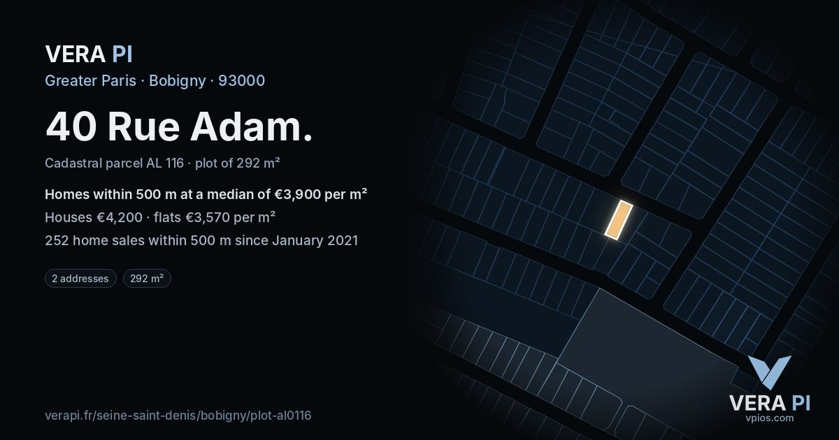 40 Rue Adam, Bobigny at night – the plot lit, the parcels around coloured by the prices near them