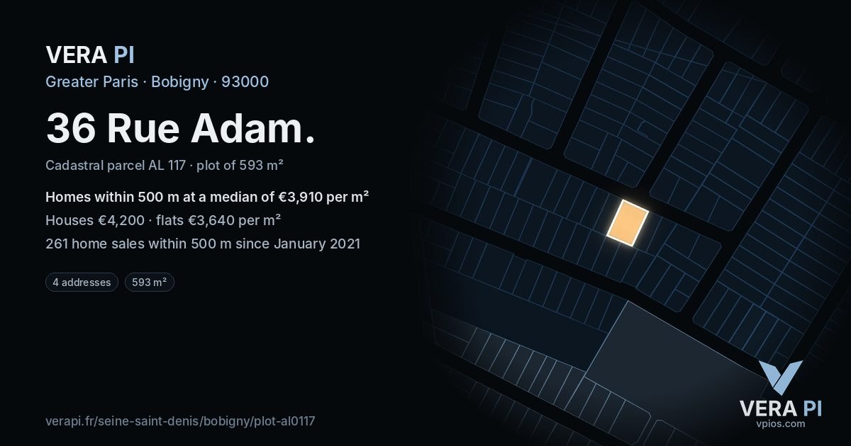 36 Rue Adam, Bobigny at night – the plot lit, the parcels around coloured by the prices near them