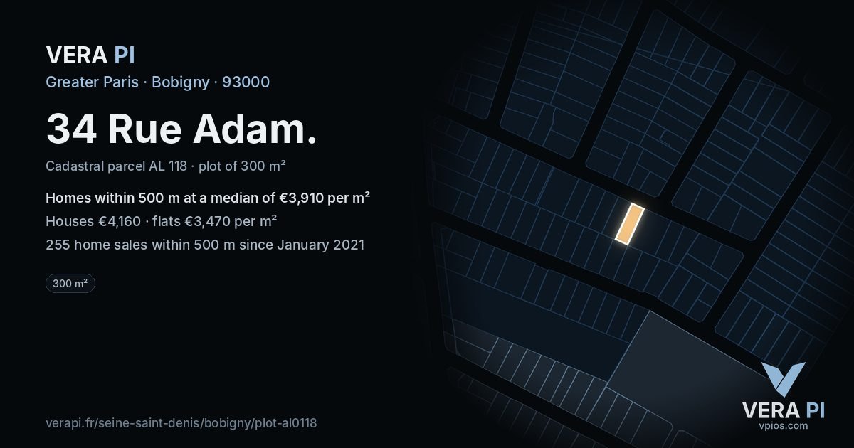 34 Rue Adam, Bobigny at night – the plot lit, the parcels around coloured by the prices near them