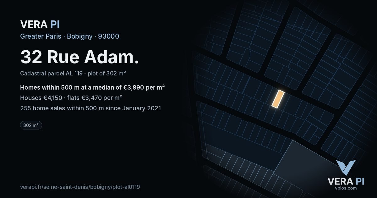 32 Rue Adam, Bobigny at night – the plot lit, the parcels around coloured by the prices near them