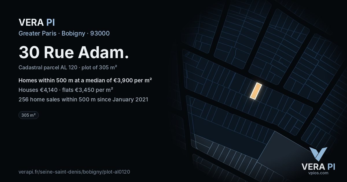 30 Rue Adam, Bobigny at night – the plot lit, the parcels around coloured by the prices near them
