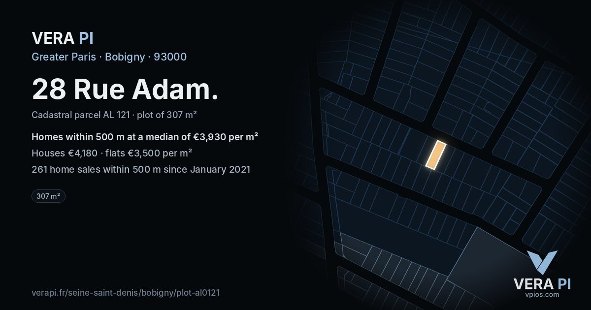 28 Rue Adam, Bobigny at night – the plot lit, the parcels around coloured by the prices near them