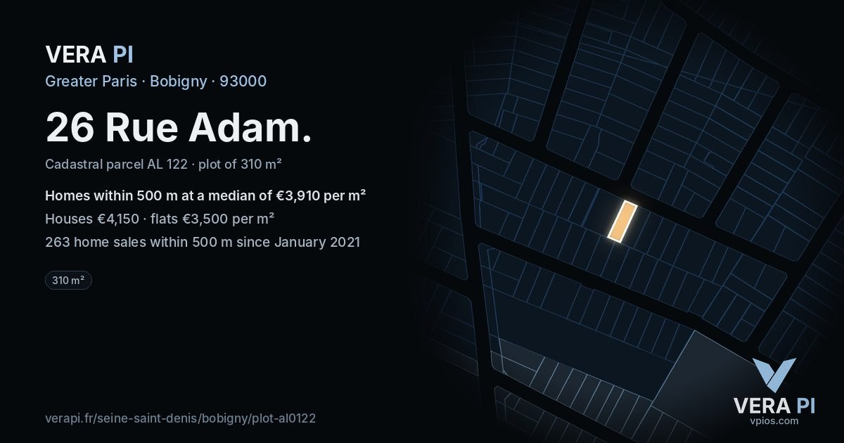 26 Rue Adam, Bobigny at night – the plot lit, the parcels around coloured by the prices near them