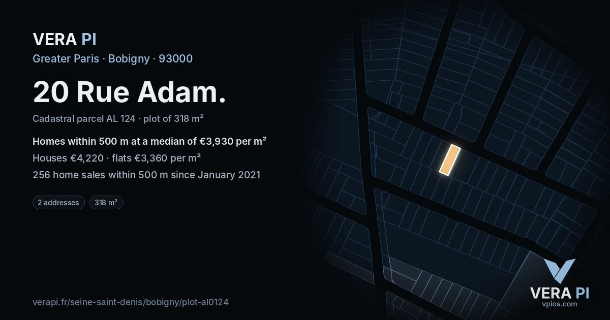 20 Rue Adam, Bobigny at night – the plot lit, the parcels around coloured by the prices near them