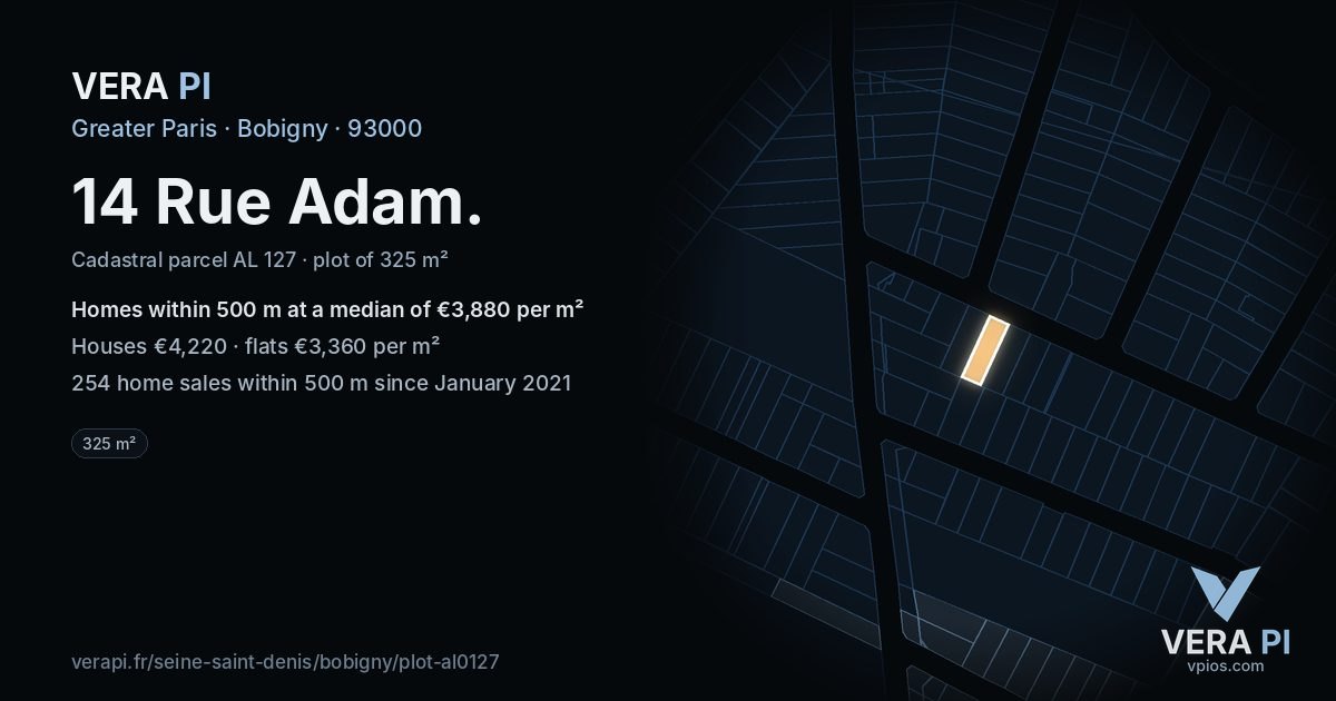 14 Rue Adam, Bobigny at night – the plot lit, the parcels around coloured by the prices near them