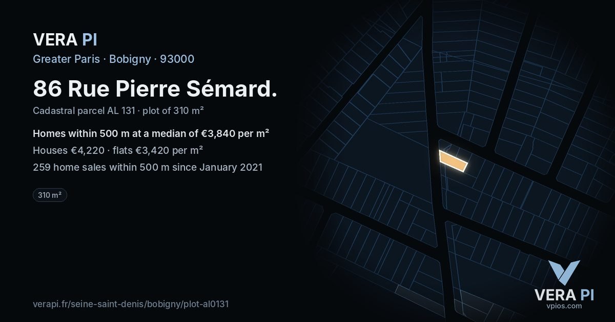 86 Rue Pierre Sémard, Bobigny at night – the plot lit, the parcels around coloured by the prices near them