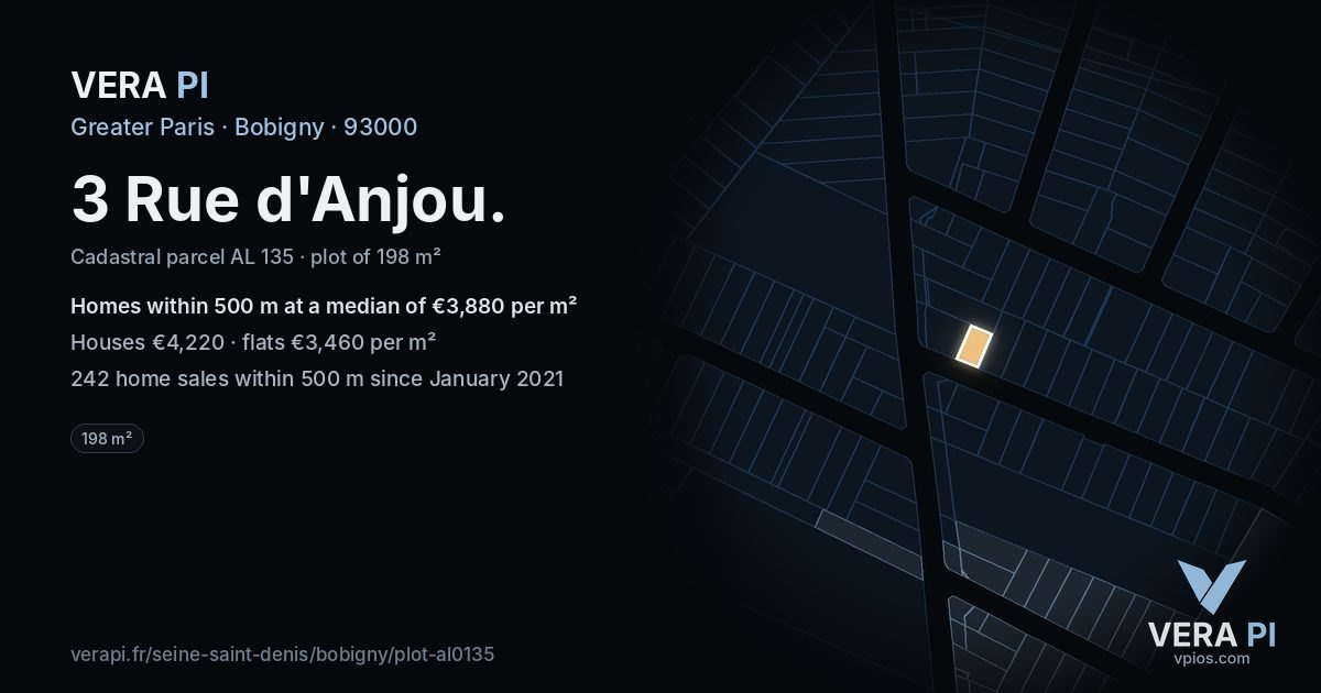 3 Rue d'Anjou, Bobigny at night – the plot lit, the parcels around coloured by the prices near them