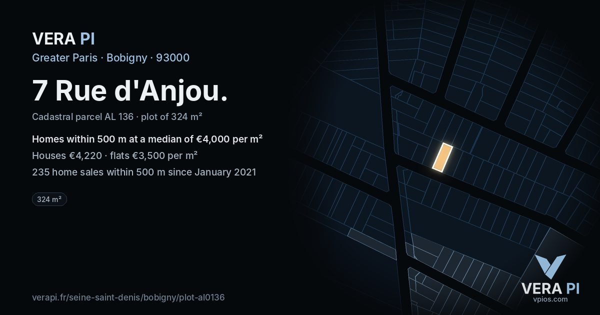 7 Rue d'Anjou, Bobigny at night – the plot lit, the parcels around coloured by the prices near them
