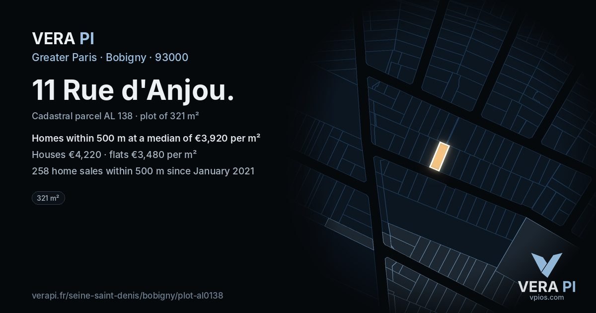 11 Rue d'Anjou, Bobigny at night – the plot lit, the parcels around coloured by the prices near them