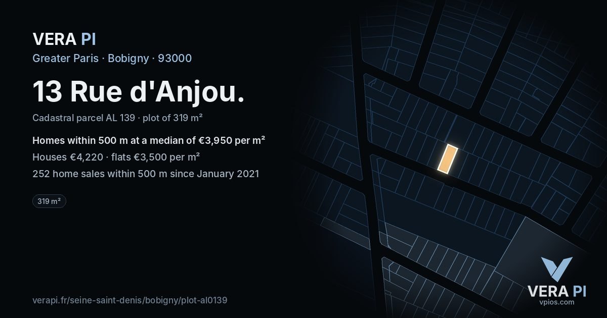 13 Rue d'Anjou, Bobigny at night – the plot lit, the parcels around coloured by the prices near them