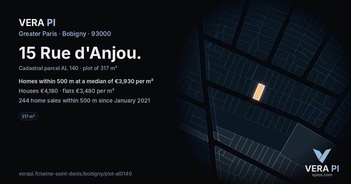 15 Rue d'Anjou, Bobigny at night – the plot lit, the parcels around coloured by the prices near them