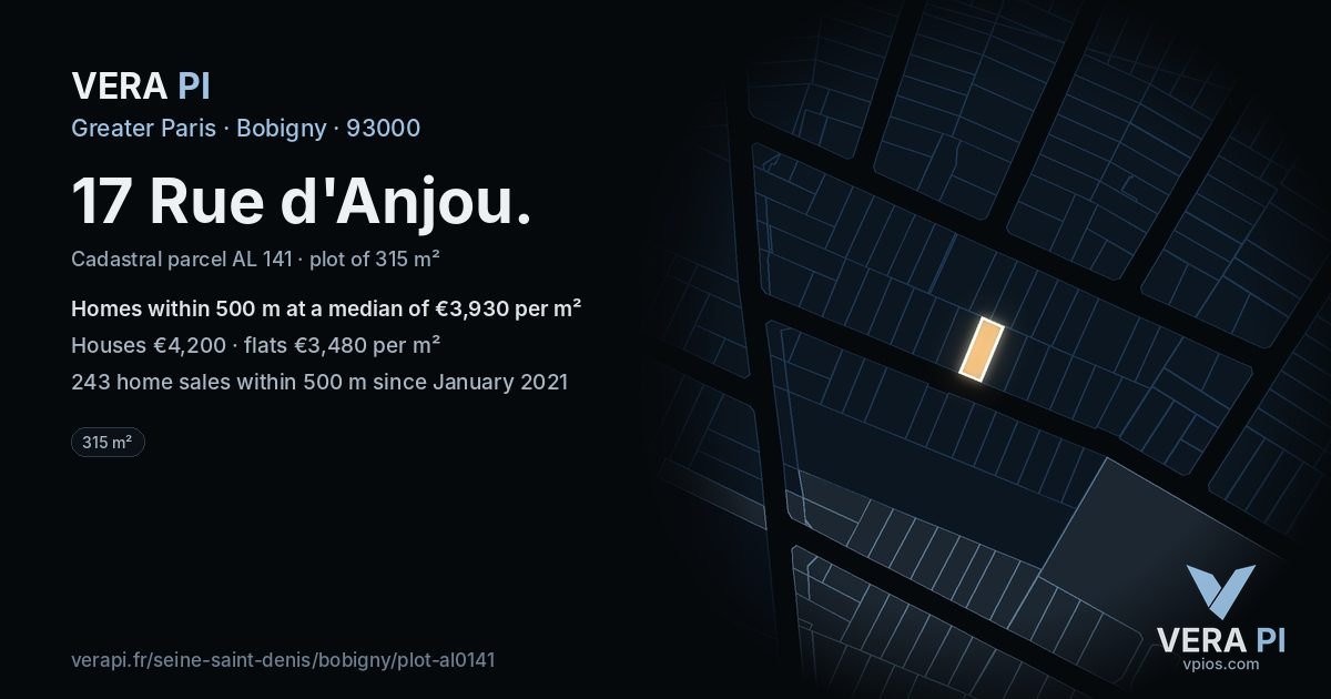 17 Rue d'Anjou, Bobigny at night – the plot lit, the parcels around coloured by the prices near them