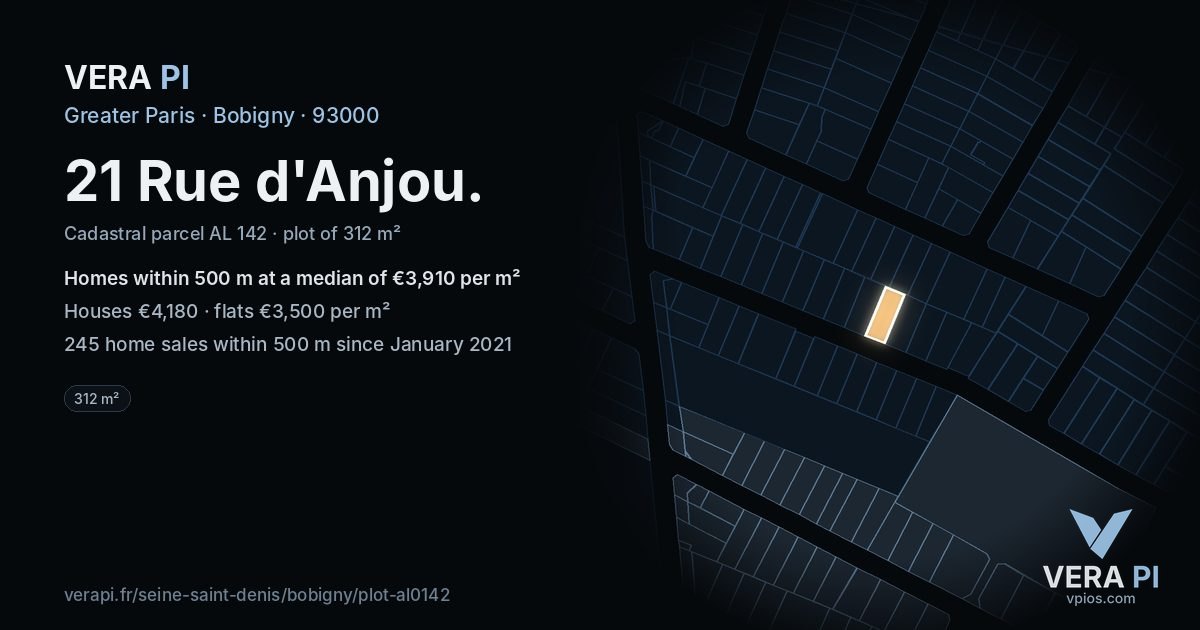 21 Rue d'Anjou, Bobigny at night – the plot lit, the parcels around coloured by the prices near them