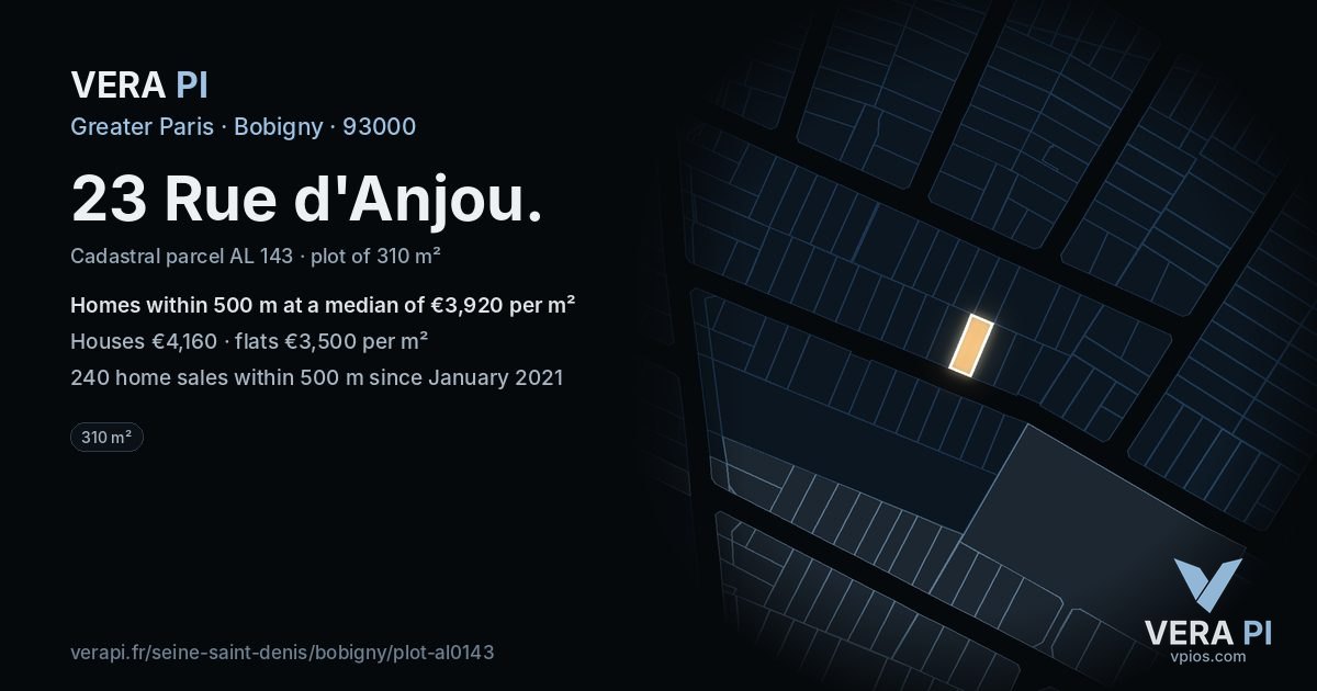 23 Rue d'Anjou, Bobigny at night – the plot lit, the parcels around coloured by the prices near them