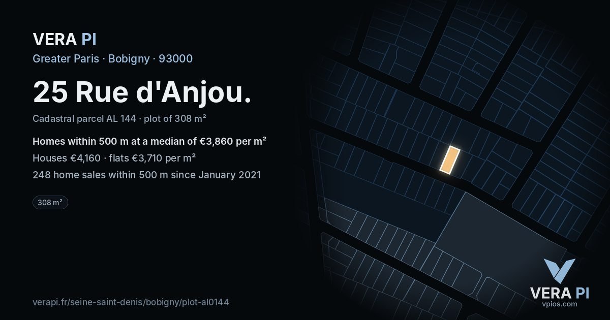 25 Rue d'Anjou, Bobigny at night – the plot lit, the parcels around coloured by the prices near them