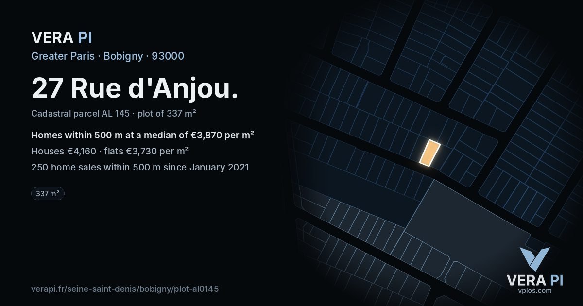 27 Rue d'Anjou, Bobigny at night – the plot lit, the parcels around coloured by the prices near them