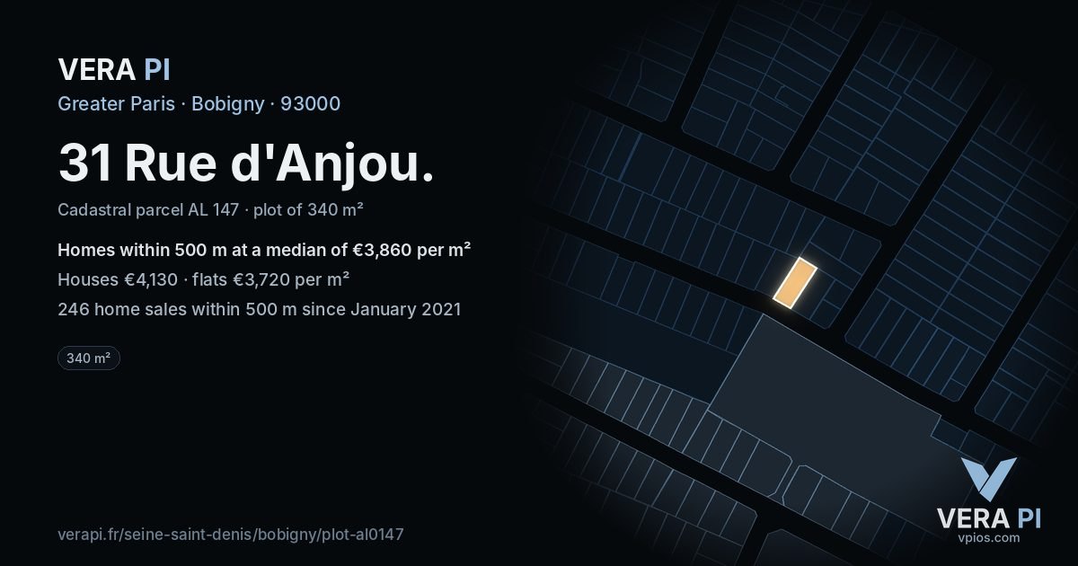 31 Rue d'Anjou, Bobigny at night – the plot lit, the parcels around coloured by the prices near them