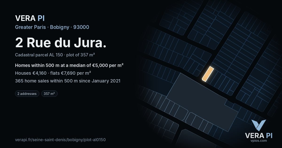 2 Rue du Jura, Bobigny at night – the plot lit, the parcels around coloured by the prices near them