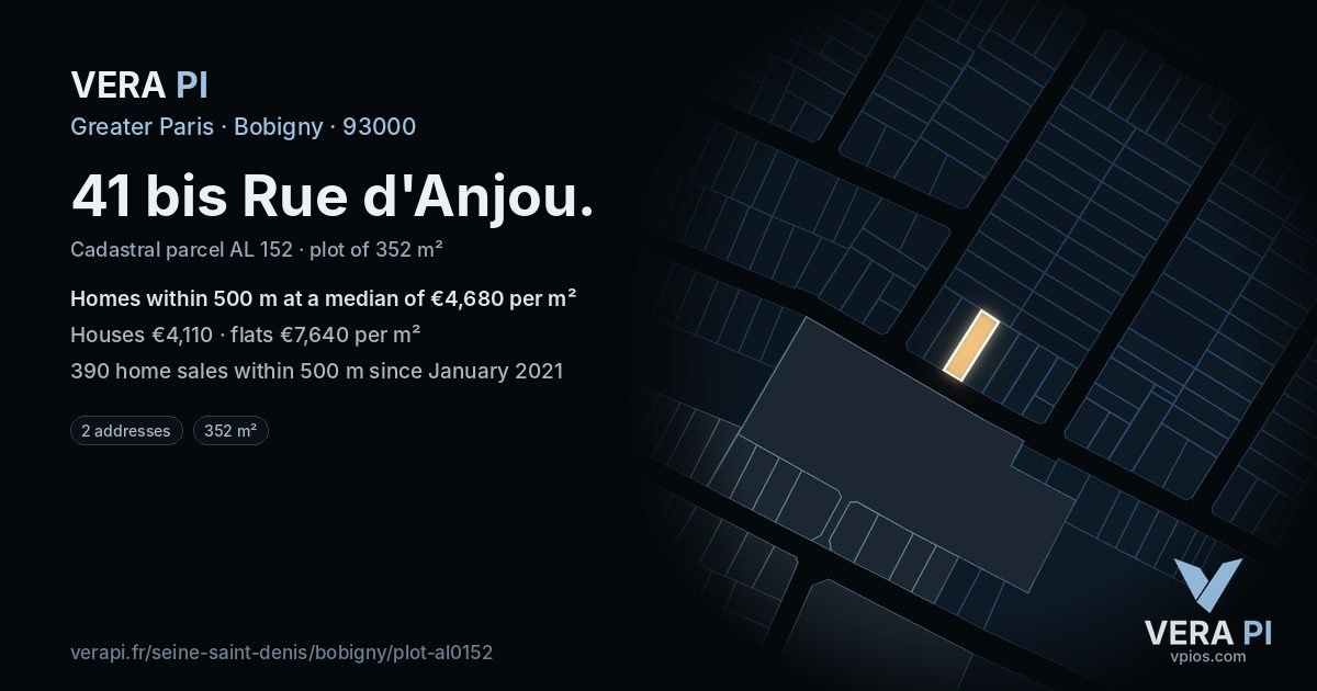 41 bis Rue d'Anjou, Bobigny at night – the plot lit, the parcels around coloured by the prices near them