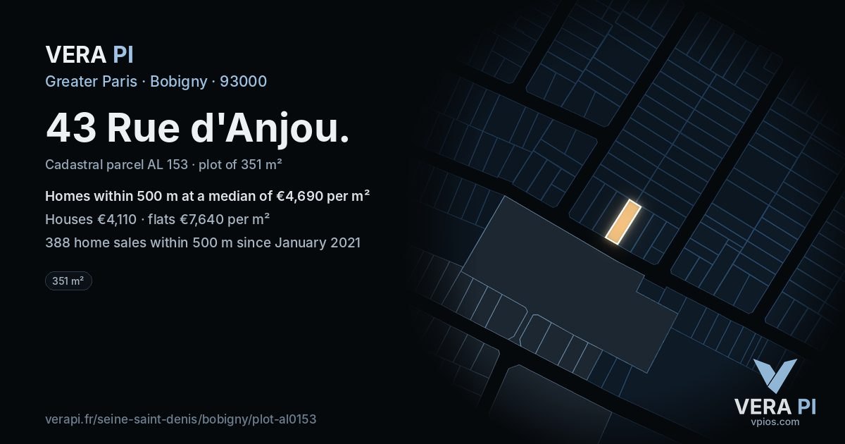 43 Rue d'Anjou, Bobigny at night – the plot lit, the parcels around coloured by the prices near them