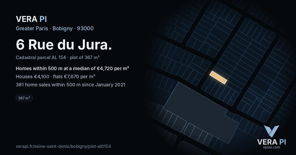 6 Rue du Jura, Bobigny at night – the plot lit, the parcels around coloured by the prices near them