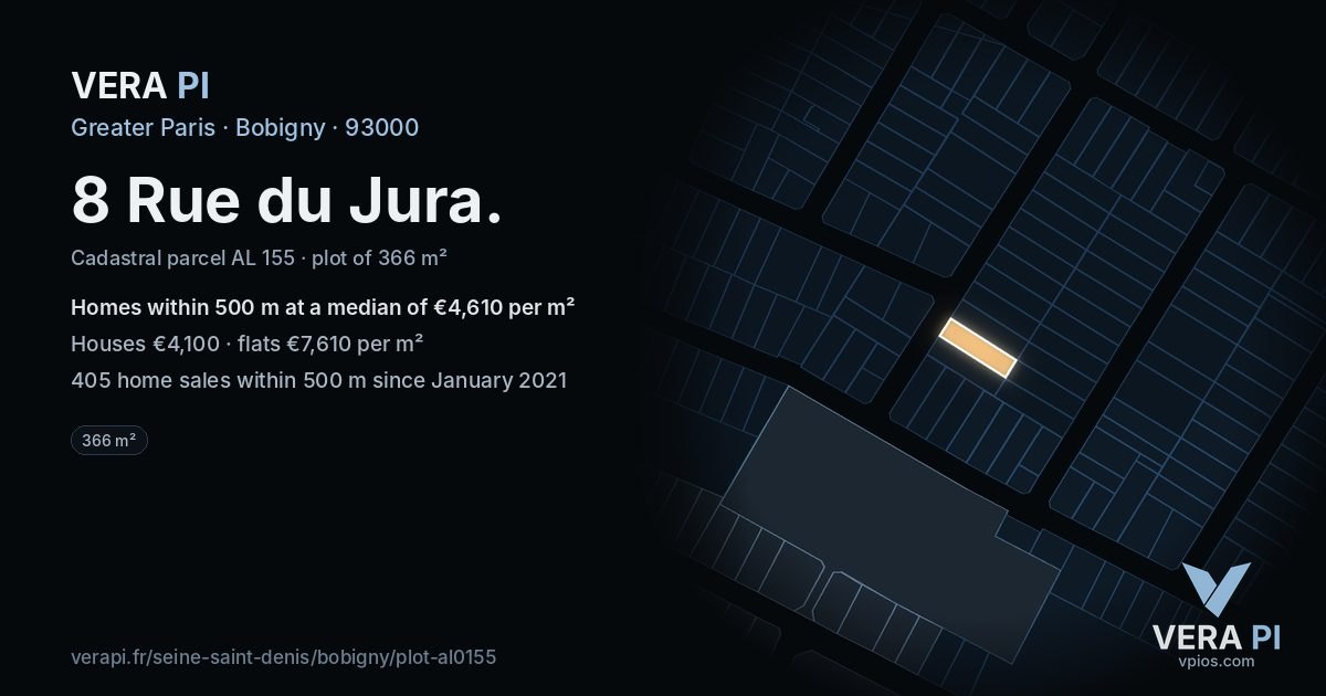 8 Rue du Jura, Bobigny at night – the plot lit, the parcels around coloured by the prices near them