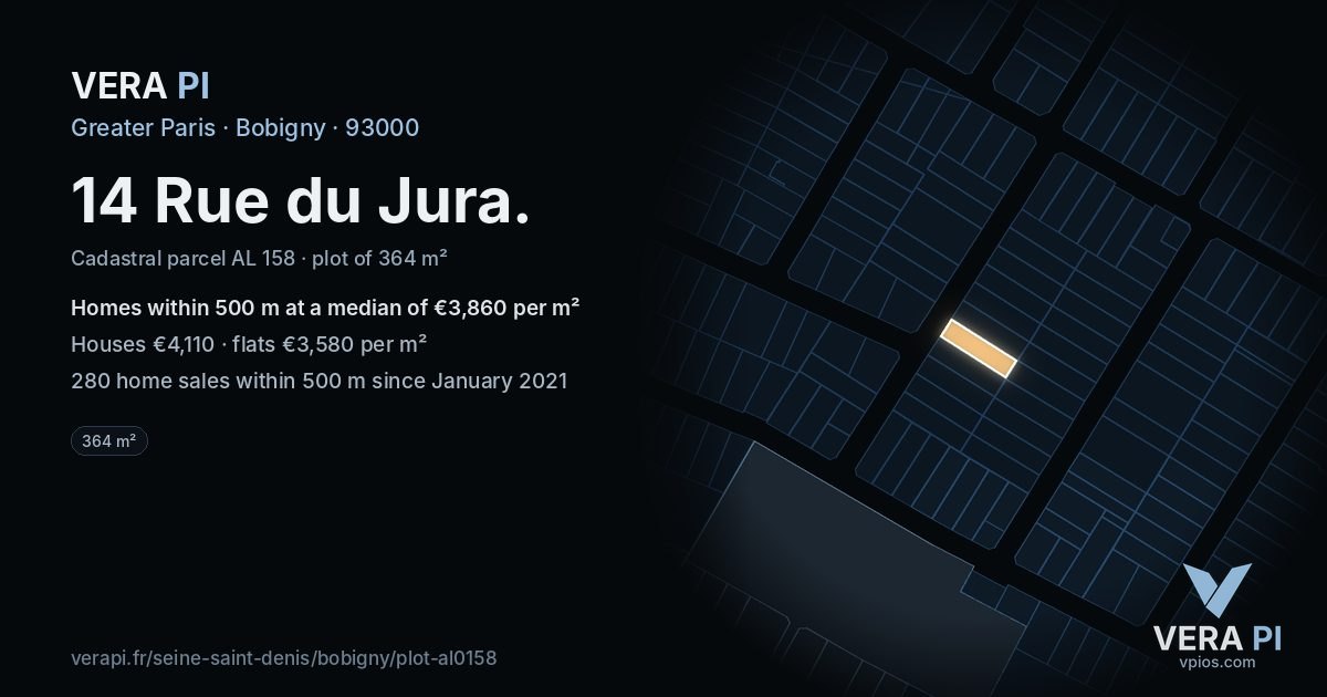 14 Rue du Jura, Bobigny at night – the plot lit, the parcels around coloured by the prices near them