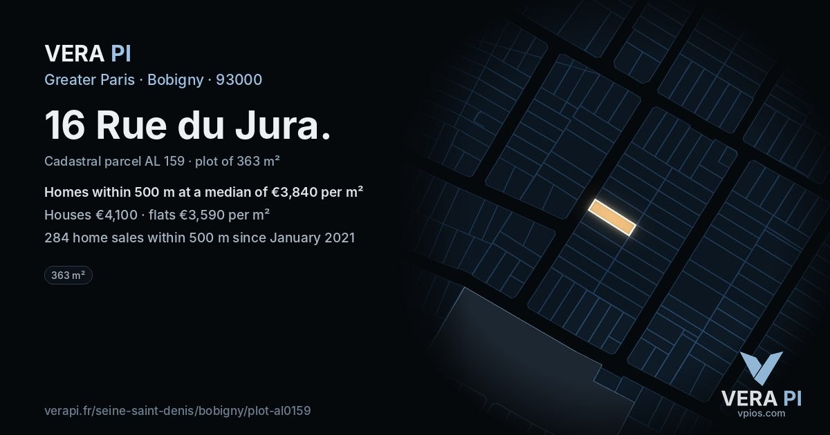 16 Rue du Jura, Bobigny at night – the plot lit, the parcels around coloured by the prices near them