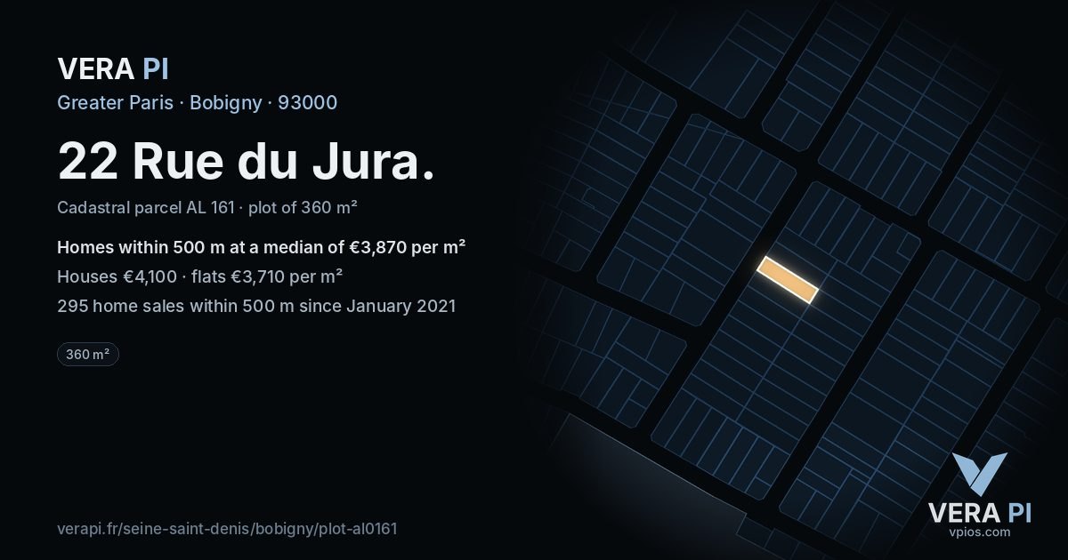 22 Rue du Jura, Bobigny at night – the plot lit, the parcels around coloured by the prices near them
