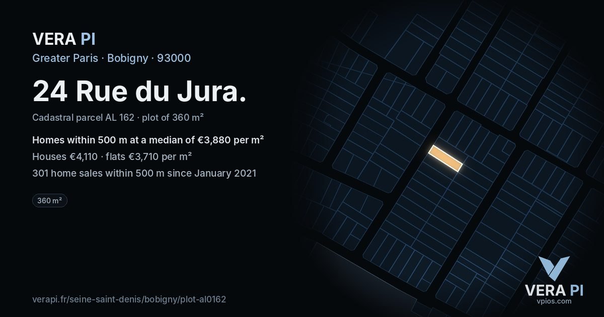 24 Rue du Jura, Bobigny at night – the plot lit, the parcels around coloured by the prices near them