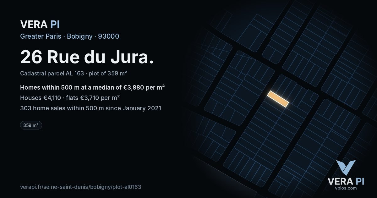 26 Rue du Jura, Bobigny at night – the plot lit, the parcels around coloured by the prices near them