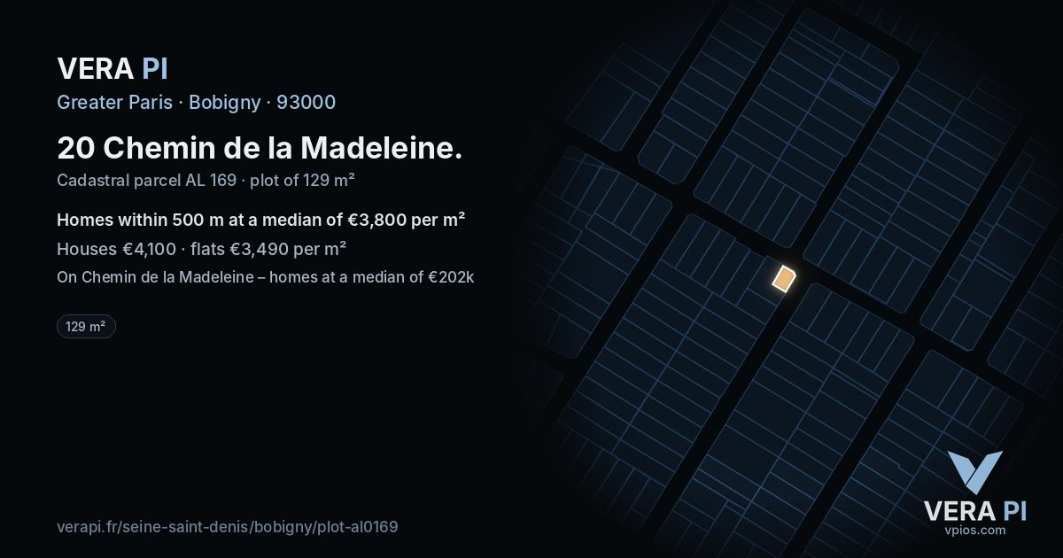 20 Chemin de la Madeleine, Bobigny at night – the plot lit, the parcels around coloured by the prices near them