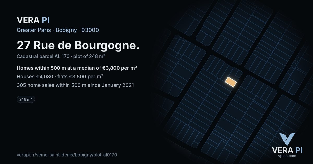 27 Rue de Bourgogne, Bobigny at night – the plot lit, the parcels around coloured by the prices near them