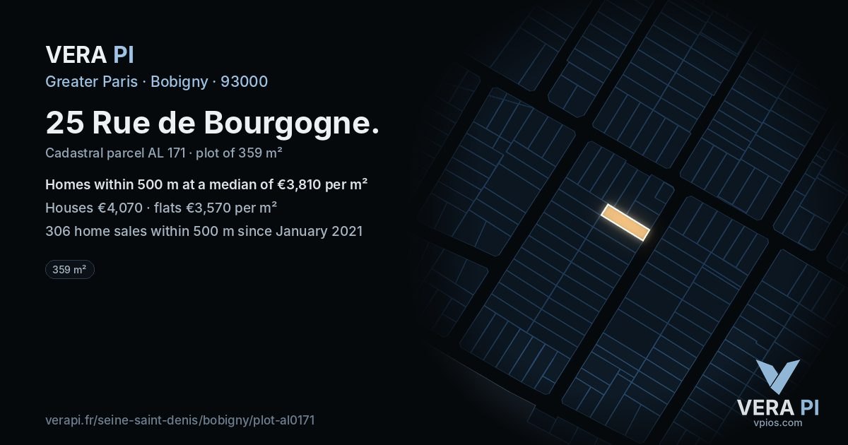 25 Rue de Bourgogne, Bobigny at night – the plot lit, the parcels around coloured by the prices near them