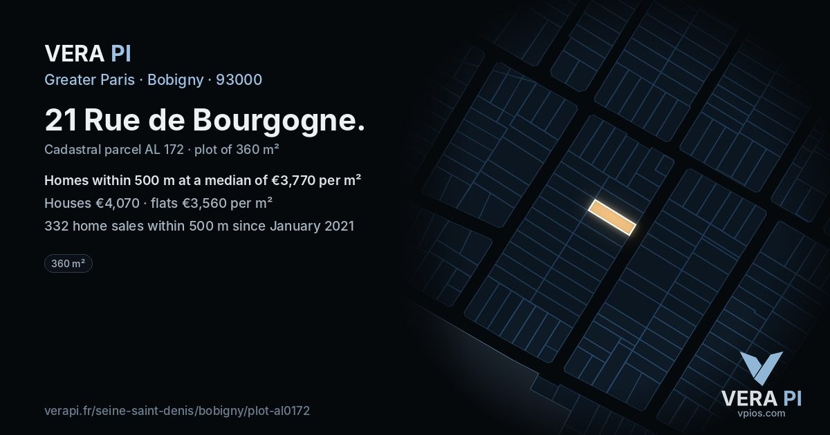 21 Rue de Bourgogne, Bobigny at night – the plot lit, the parcels around coloured by the prices near them