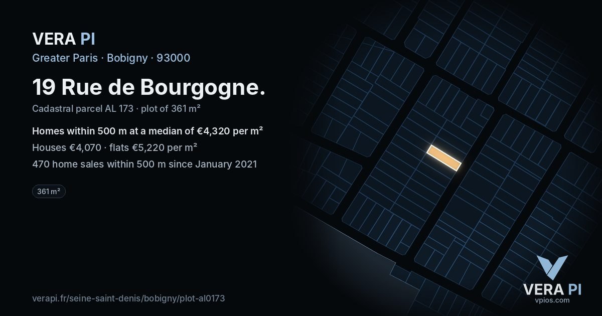 19 Rue de Bourgogne, Bobigny at night – the plot lit, the parcels around coloured by the prices near them