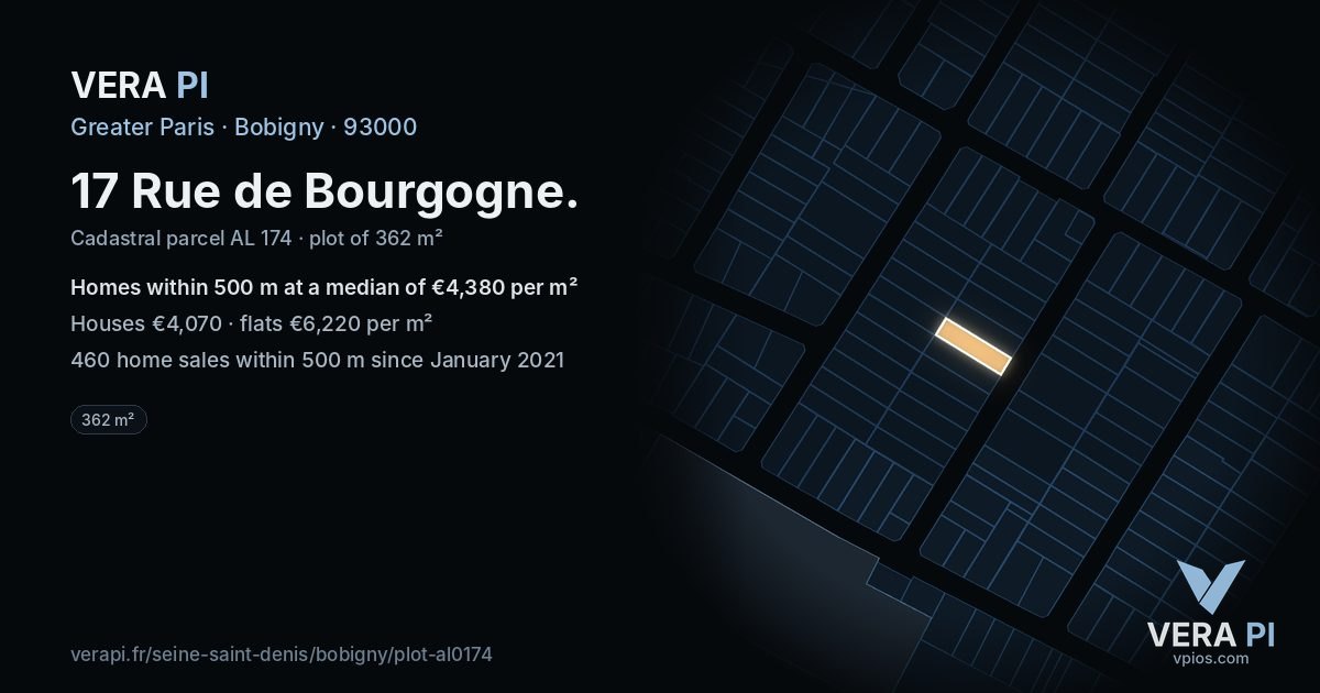 17 Rue de Bourgogne, Bobigny at night – the plot lit, the parcels around coloured by the prices near them