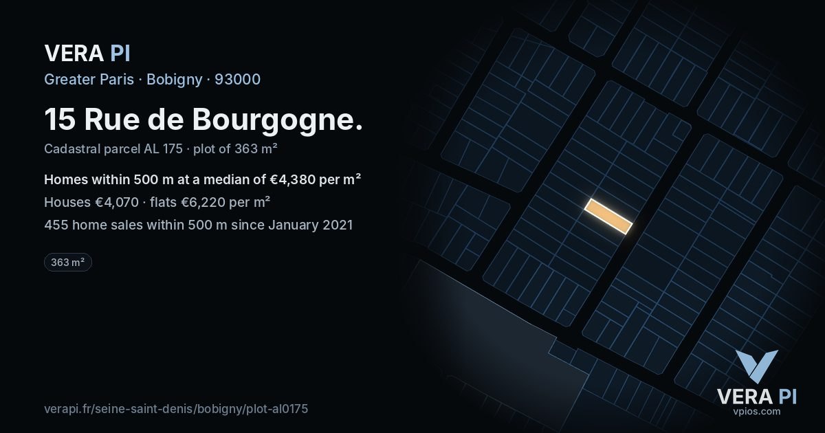 15 Rue de Bourgogne, Bobigny at night – the plot lit, the parcels around coloured by the prices near them
